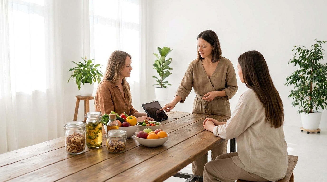 A wellness coach reviewing a nutrition plan with a client